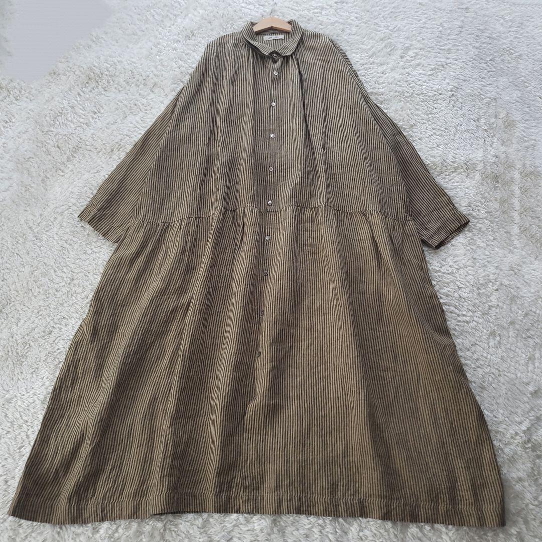 イチアンティークス リネン ストライプオーバーシャツワンピース ベージュ×グレー