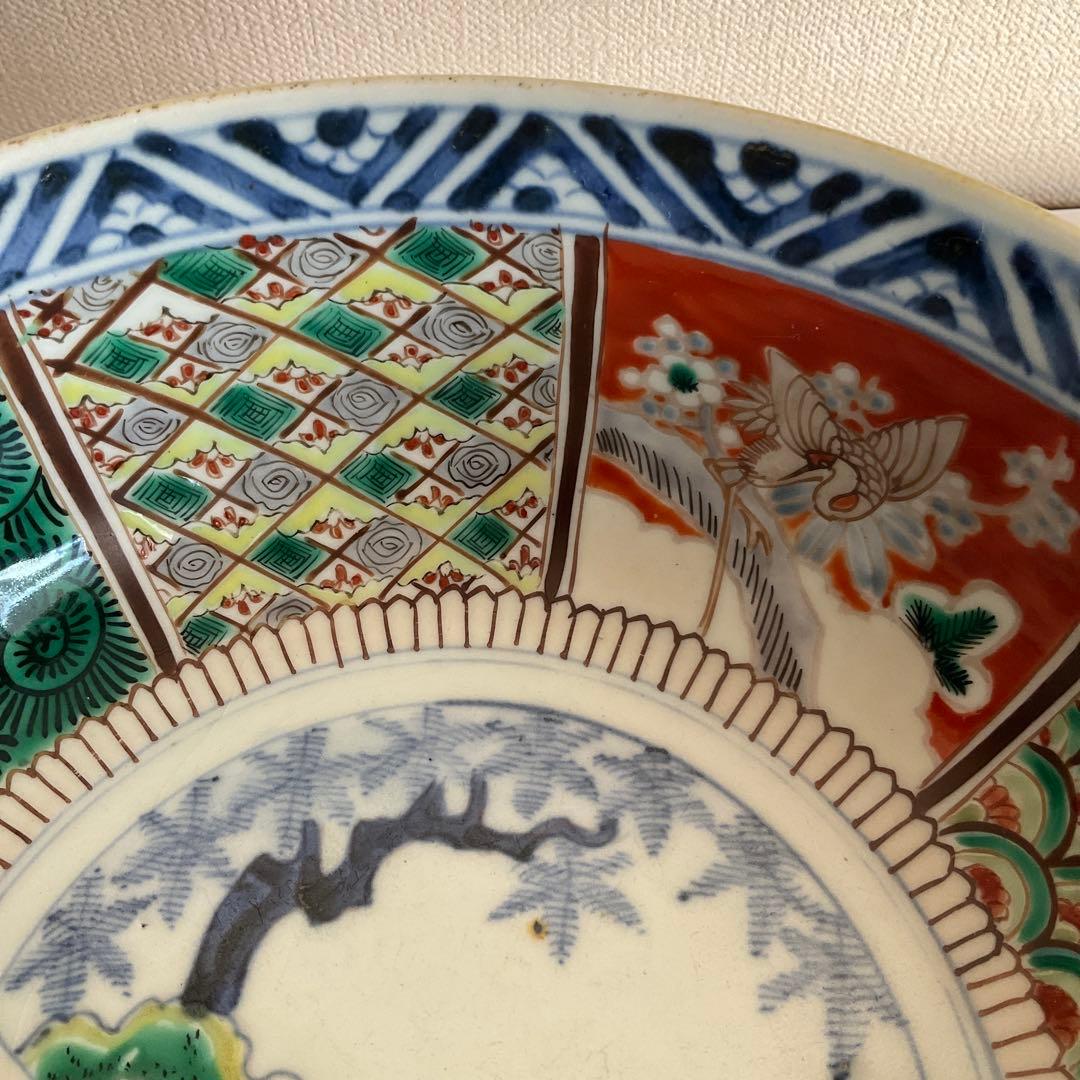 九谷焼　大聖寺伊万里　色絵草花山水鶴文深鉢　江戸時代中期から後期頃