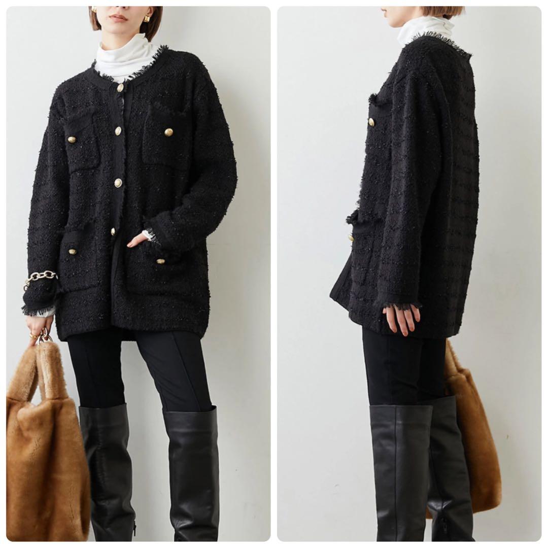 02311 Whim Gazette ツイード　ノーカラージャケット　金ボタン