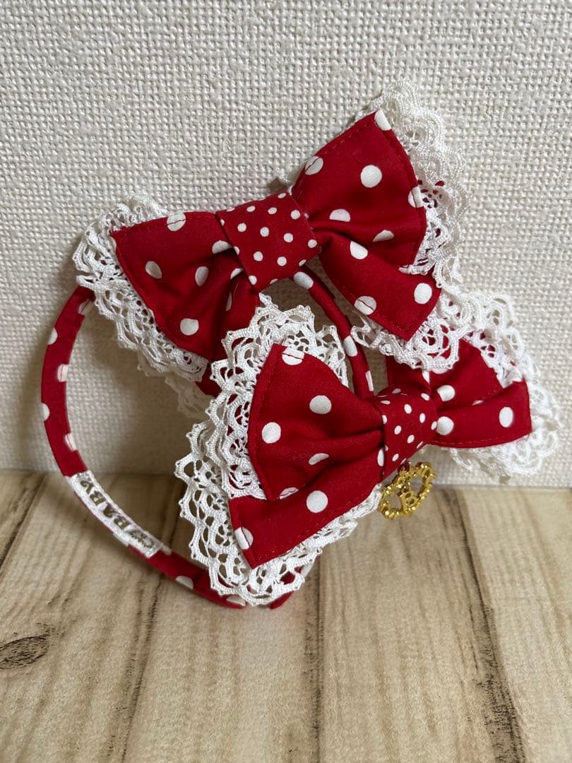 BABY 2つリボンカチューシャ　えんじ　赤　ドット　水玉