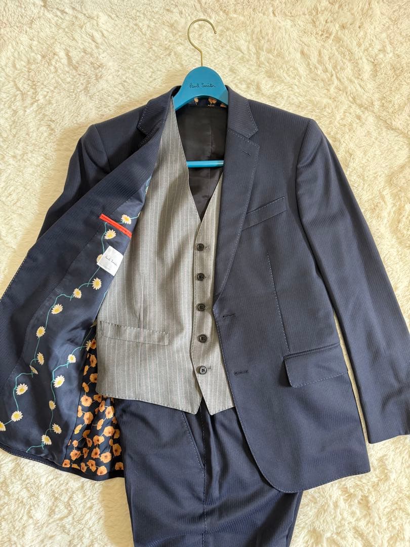 極美品✨ポールスミス 紺 スーツ 花柄裏地 3ピース セットアップ2B 現行 M
