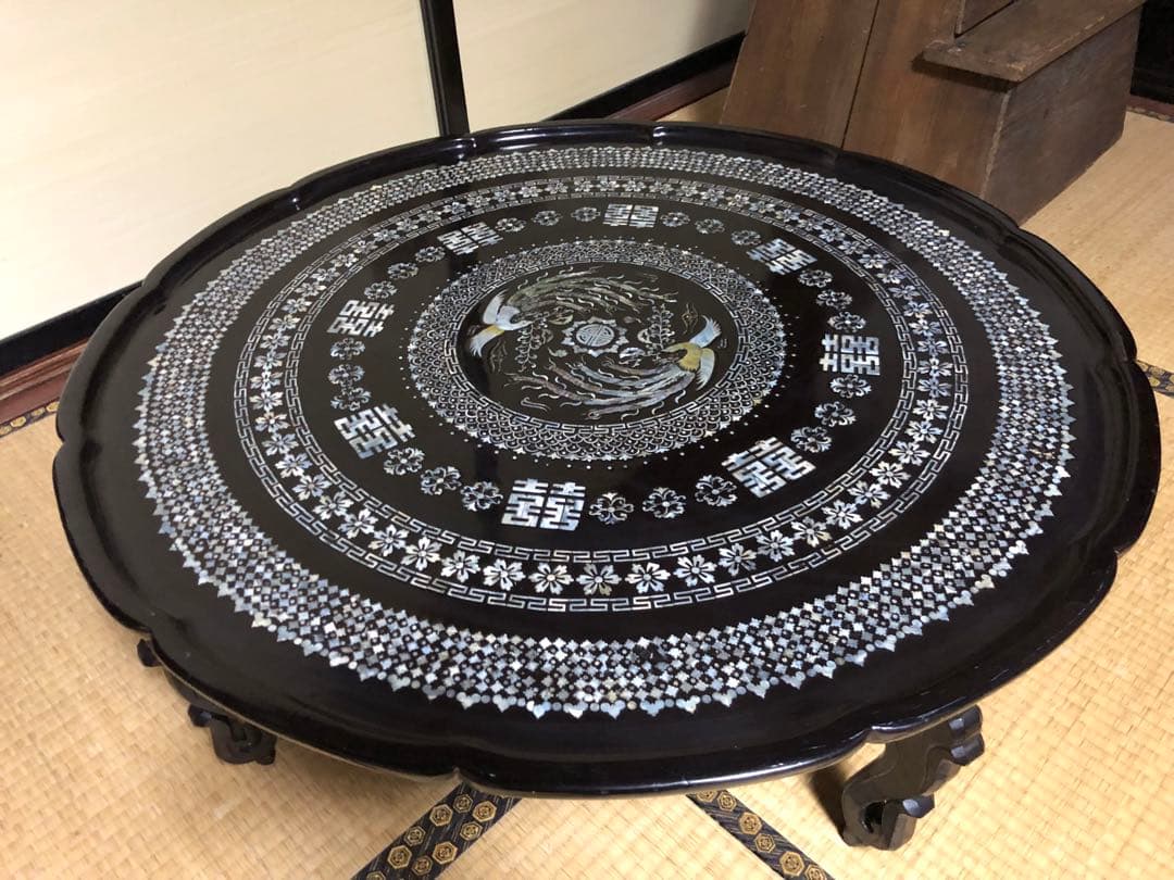 美品！豪華な螺鈿細工の李朝円卓折り畳み式 検古民家李朝家具民芸家具ソバンちゃぶ台