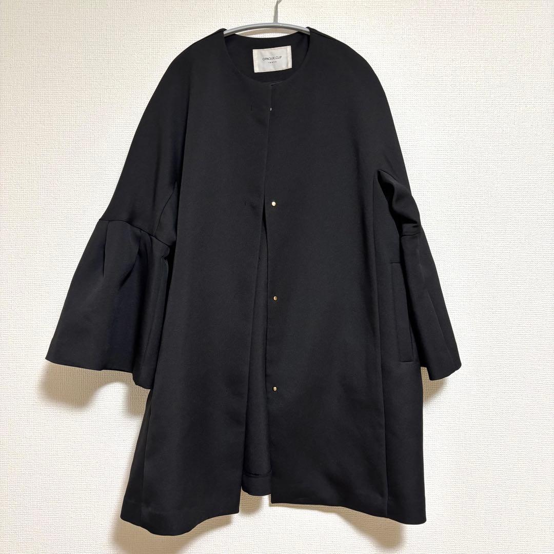 オペークドットクリップ ノーカラー フレアスリーブミドルコート スプリングコート