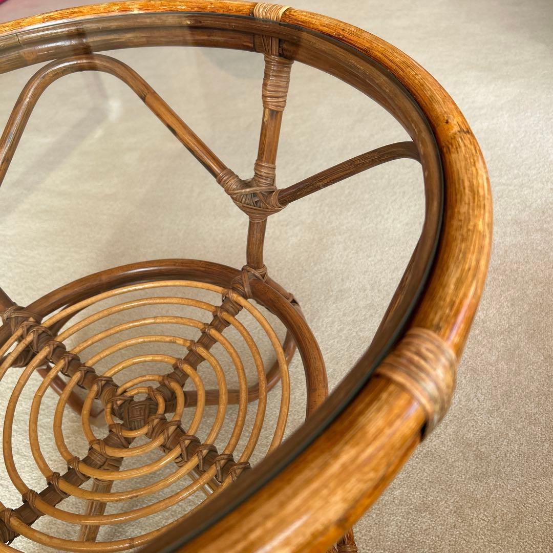 ラタン 円形センターテーブル 直径57cm 高さ44cm ガラス直径52cm