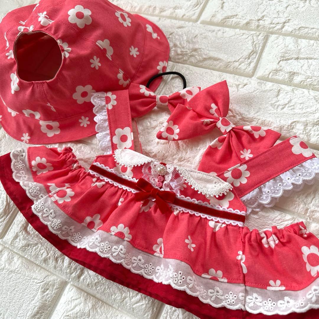 ラボット LOVOT 服 ホワイトフラワー ピンク襟付きワンピース＆帽子セット