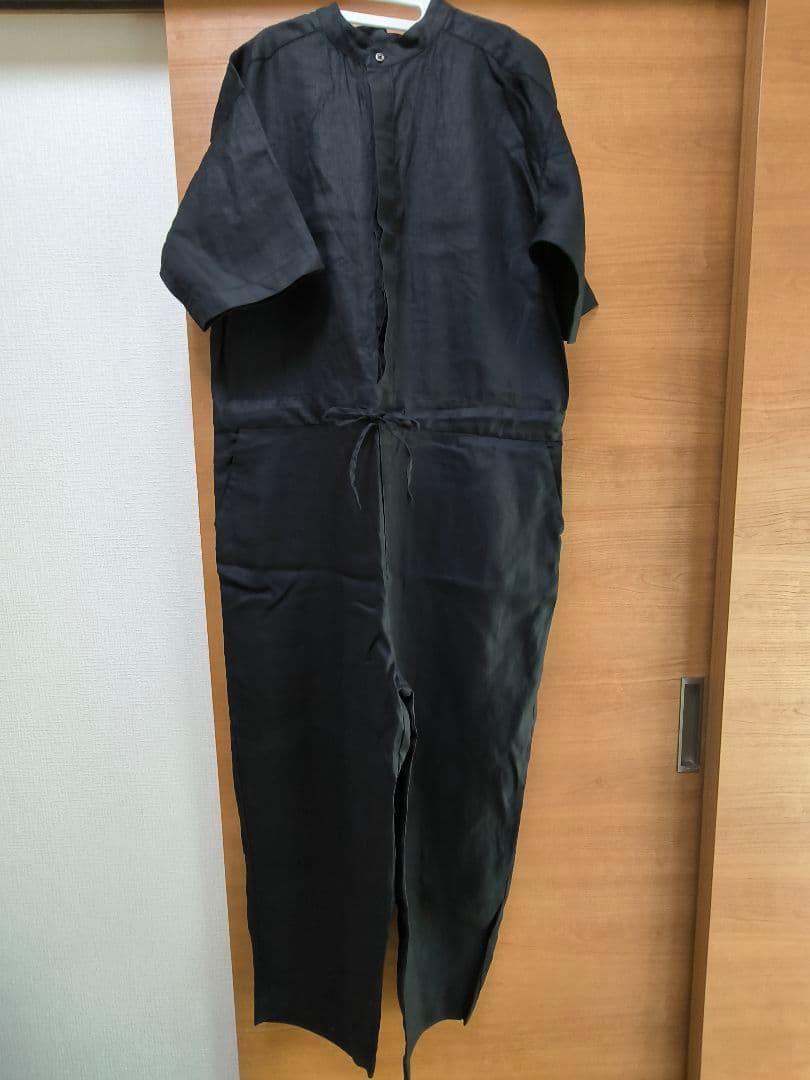 かぐれ　バンドカラーリネンハーフスリーブオールインワン　黒