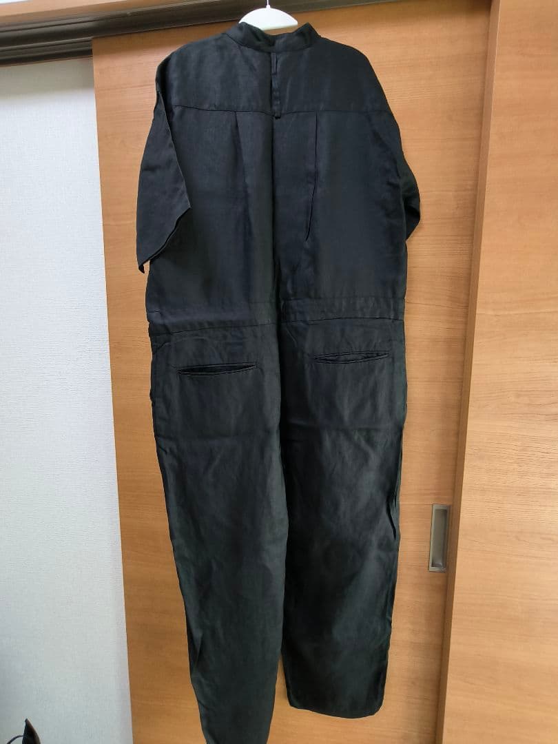 かぐれ　バンドカラーリネンハーフスリーブオールインワン　黒