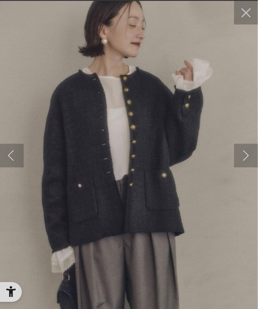 スラブツイードノーカラージャケット PUAL CE CIN ピュアルセシン 黒