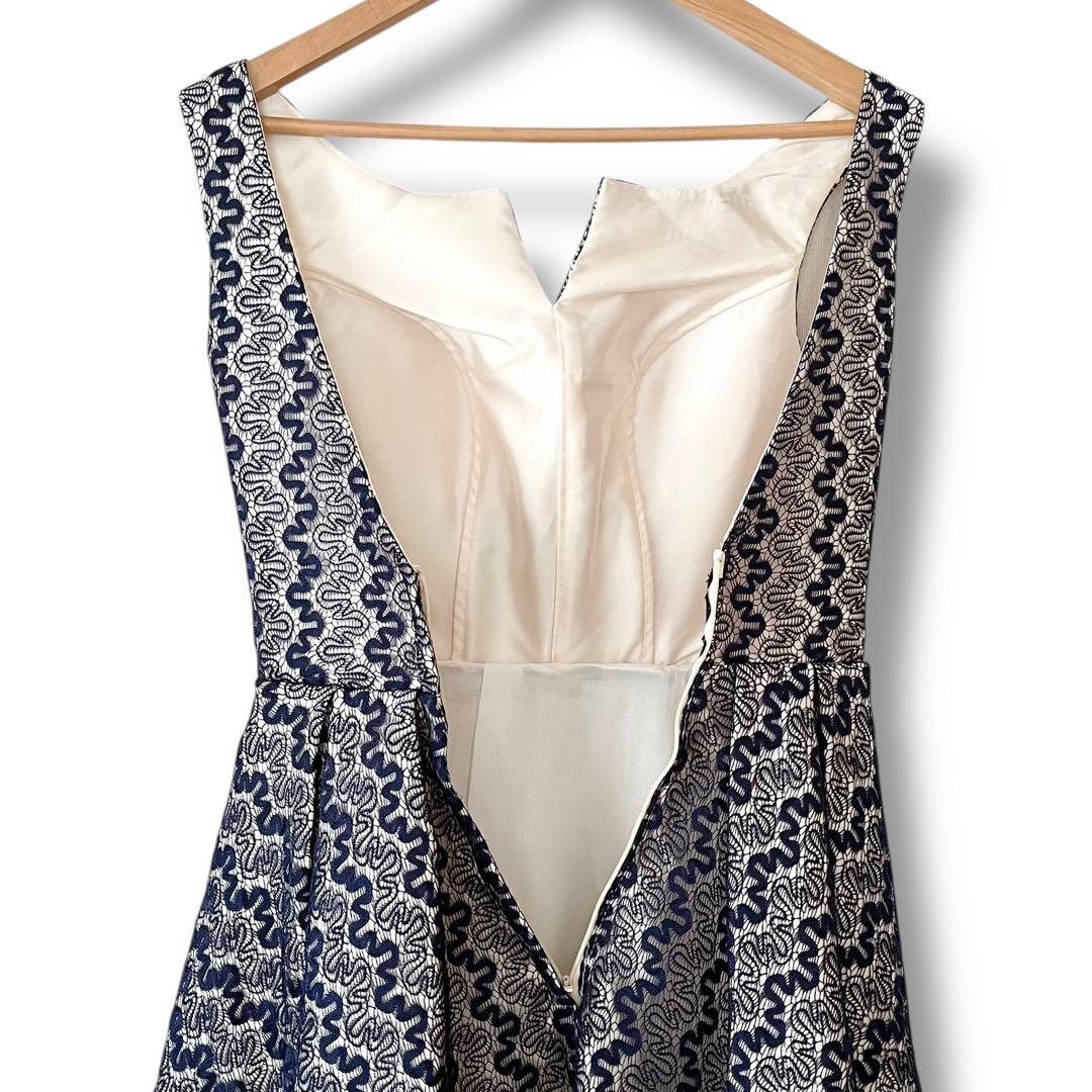 美品 インポート パーティードレス レース ひざ丈 フレア ワンピース ネイビー