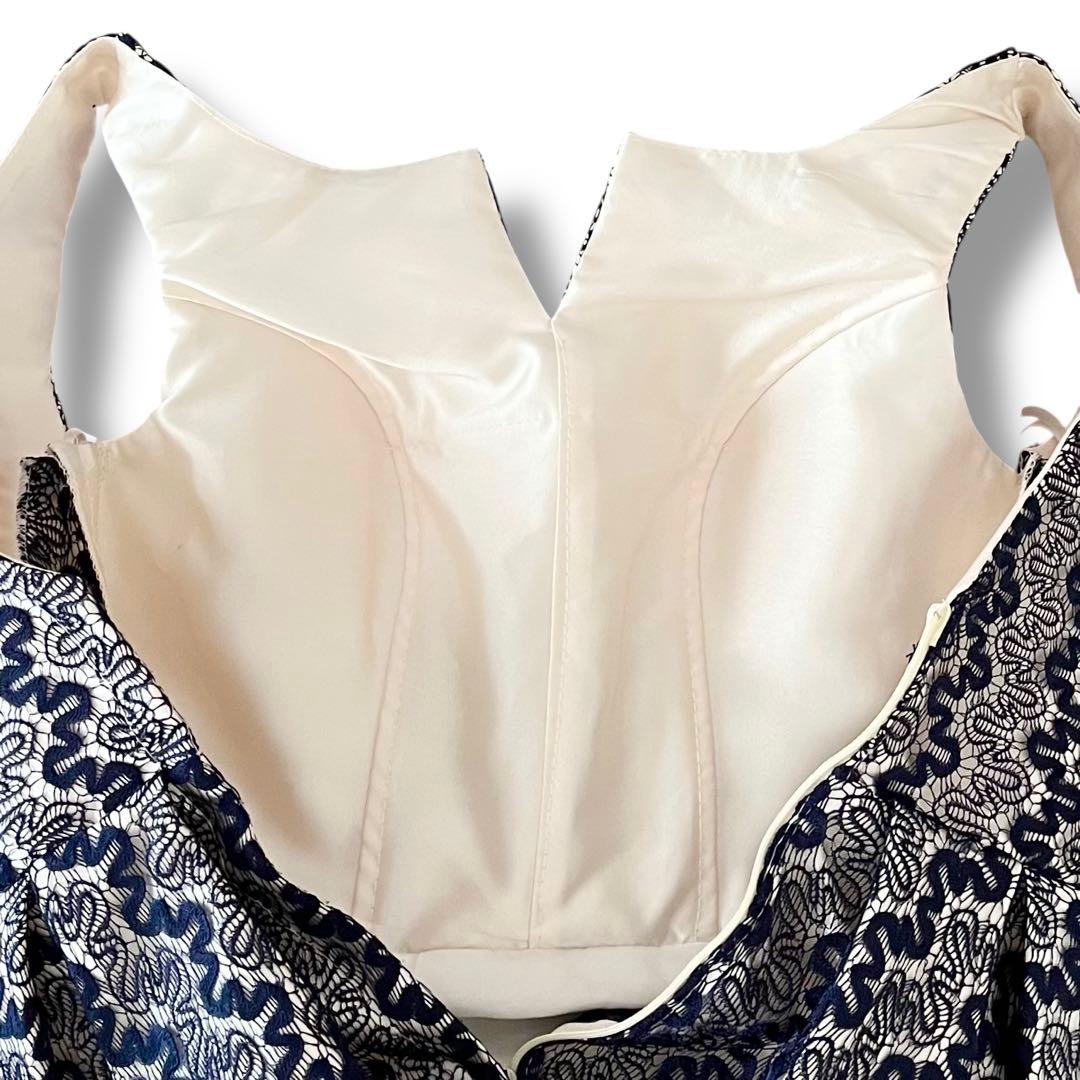 美品 インポート パーティードレス レース ひざ丈 フレア ワンピース ネイビー