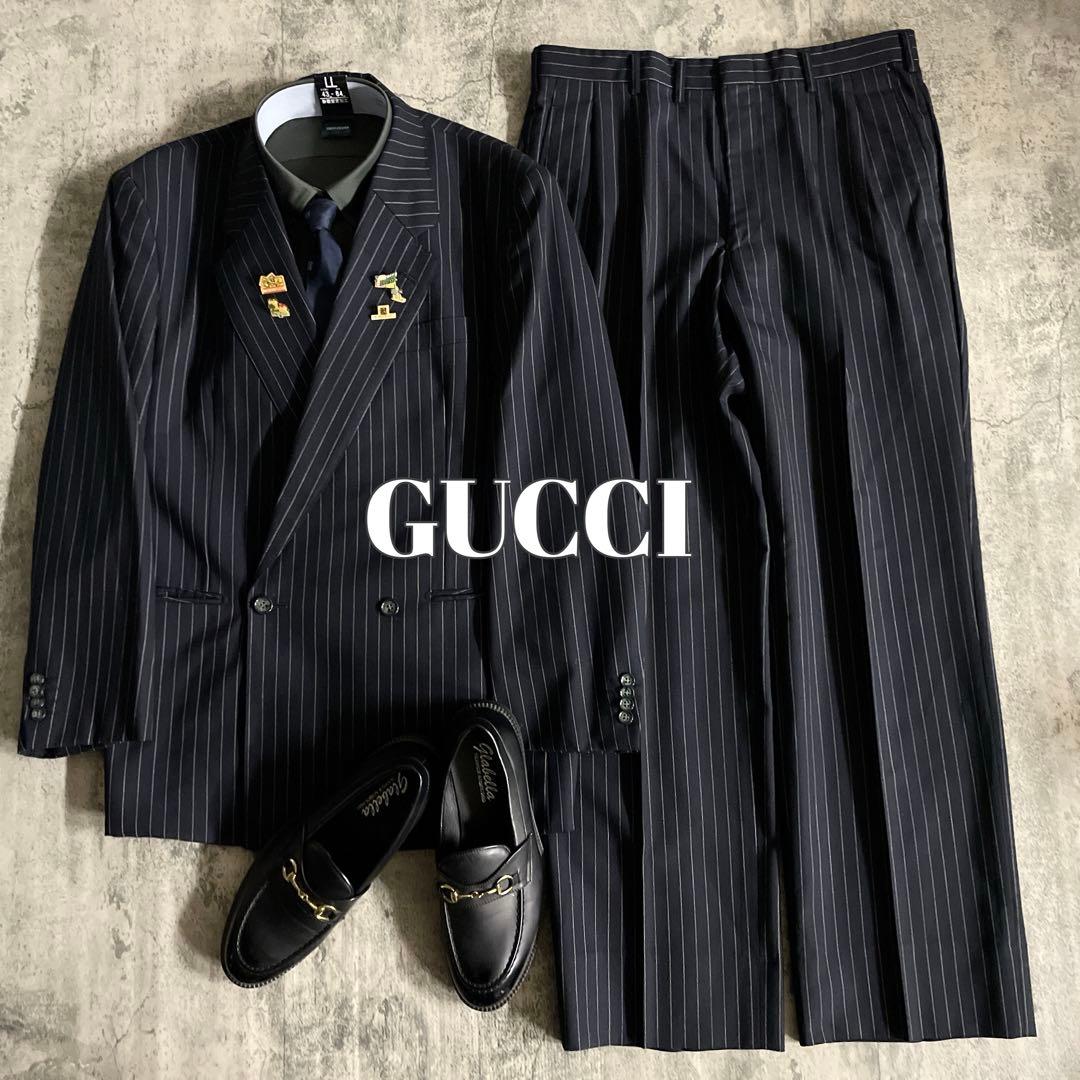 極美品 極上ウール GUCCI ネクタイ ストライプ ダブルブレストスーツ 漆黒