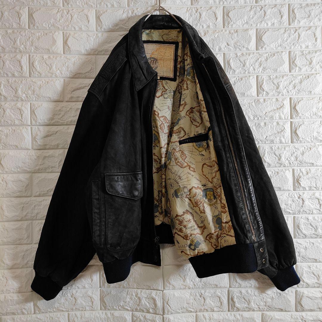 地図柄 裏地 A2 本革 フライトレザージャケット つや消し ブラック 2XL