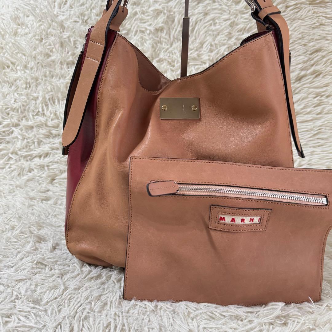 マルニ　バイカラー　ホーボー　レザー　ショルダー　バッグ　ポーチ付　ブラウン