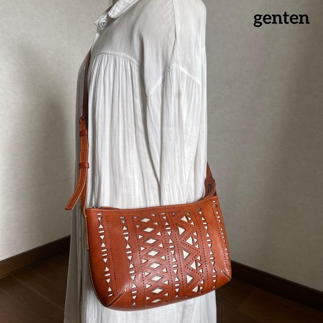 ◇ 美品 genten ゲンテン カットワークレザーショルダーバッグ ブラウン◇