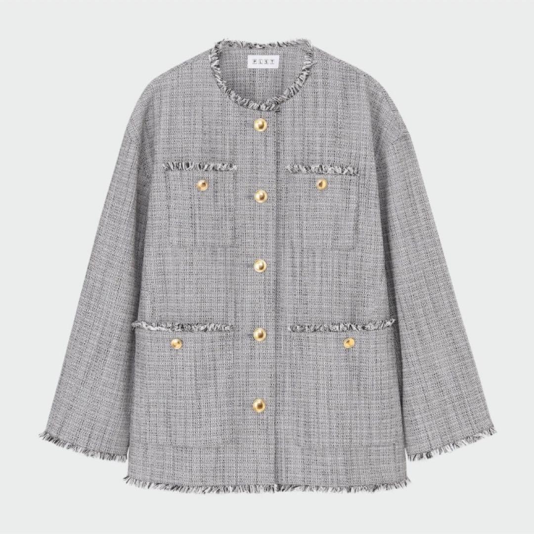 PLST ノーカラー　ツイードジャケット