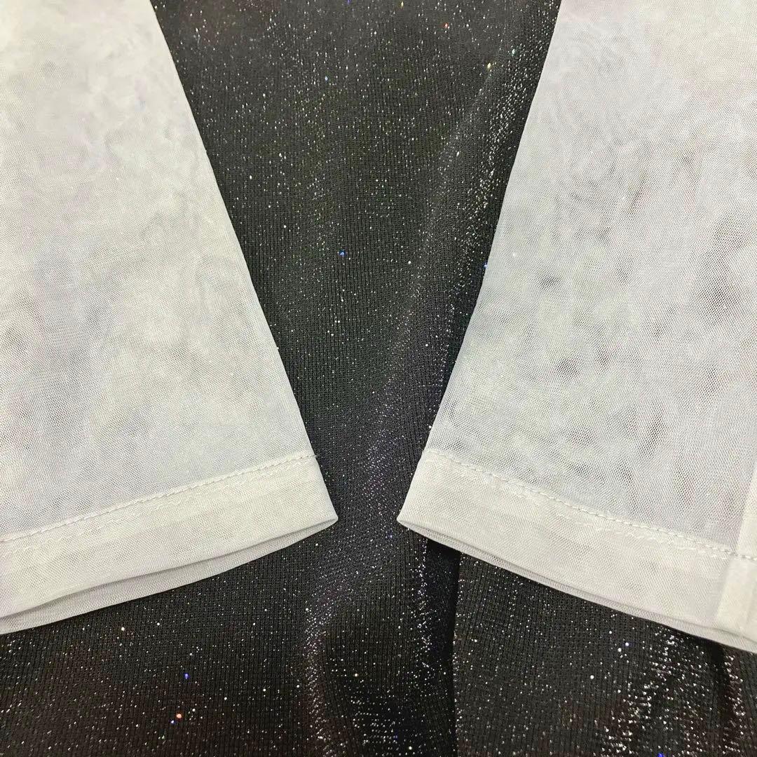 mayu　レジャ　レースネック透け袖スリットキラキラロングドレスワンピース