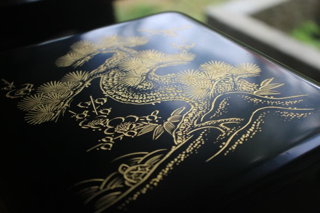 デッドストック！！極上松竹梅鶴亀沈金の映える輪島塗屠蘇器重箱揃い（検重箱お重