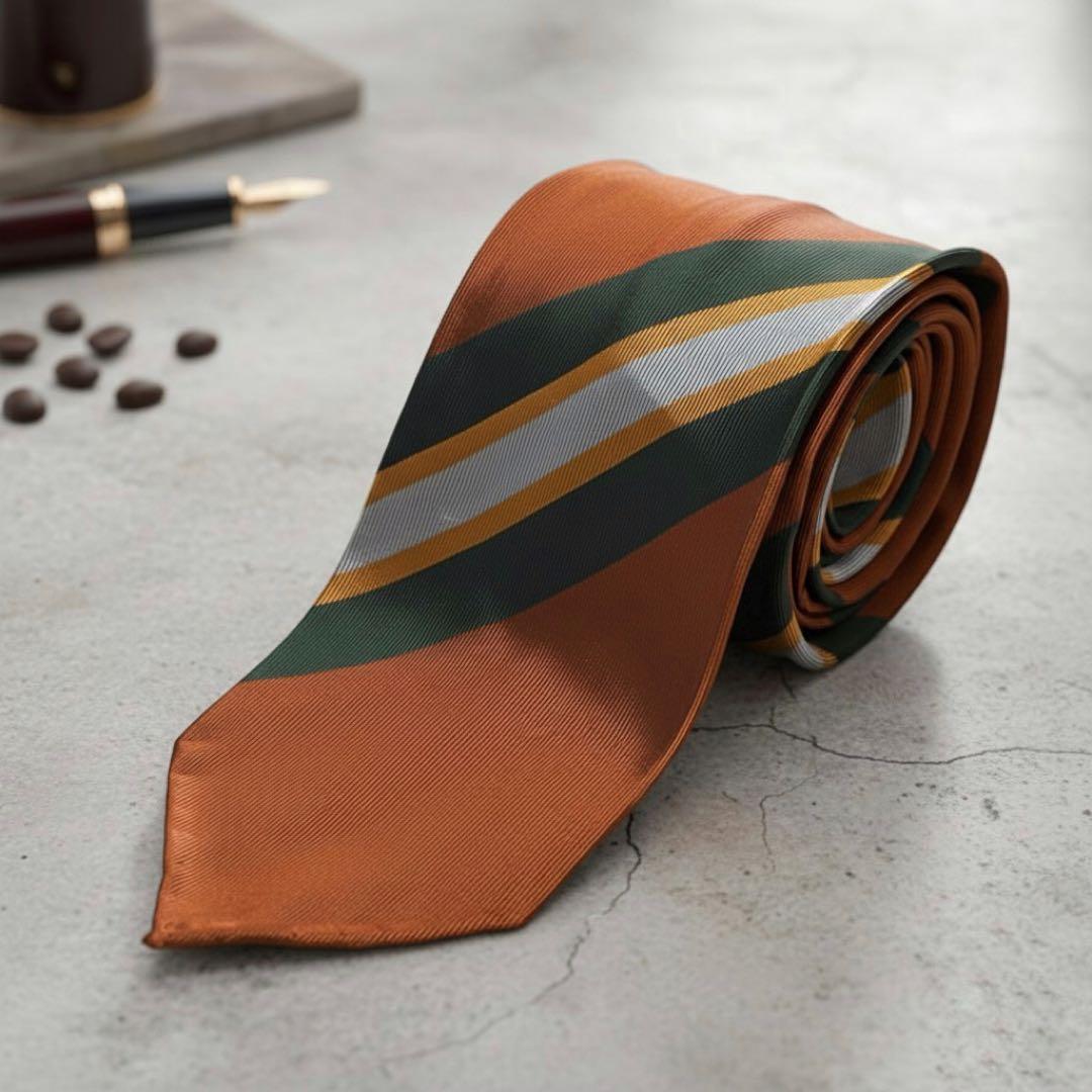 セッテピエゲ ストライプ ネクタイ ブラウン 茶 グリーン 緑 AD&C シルク