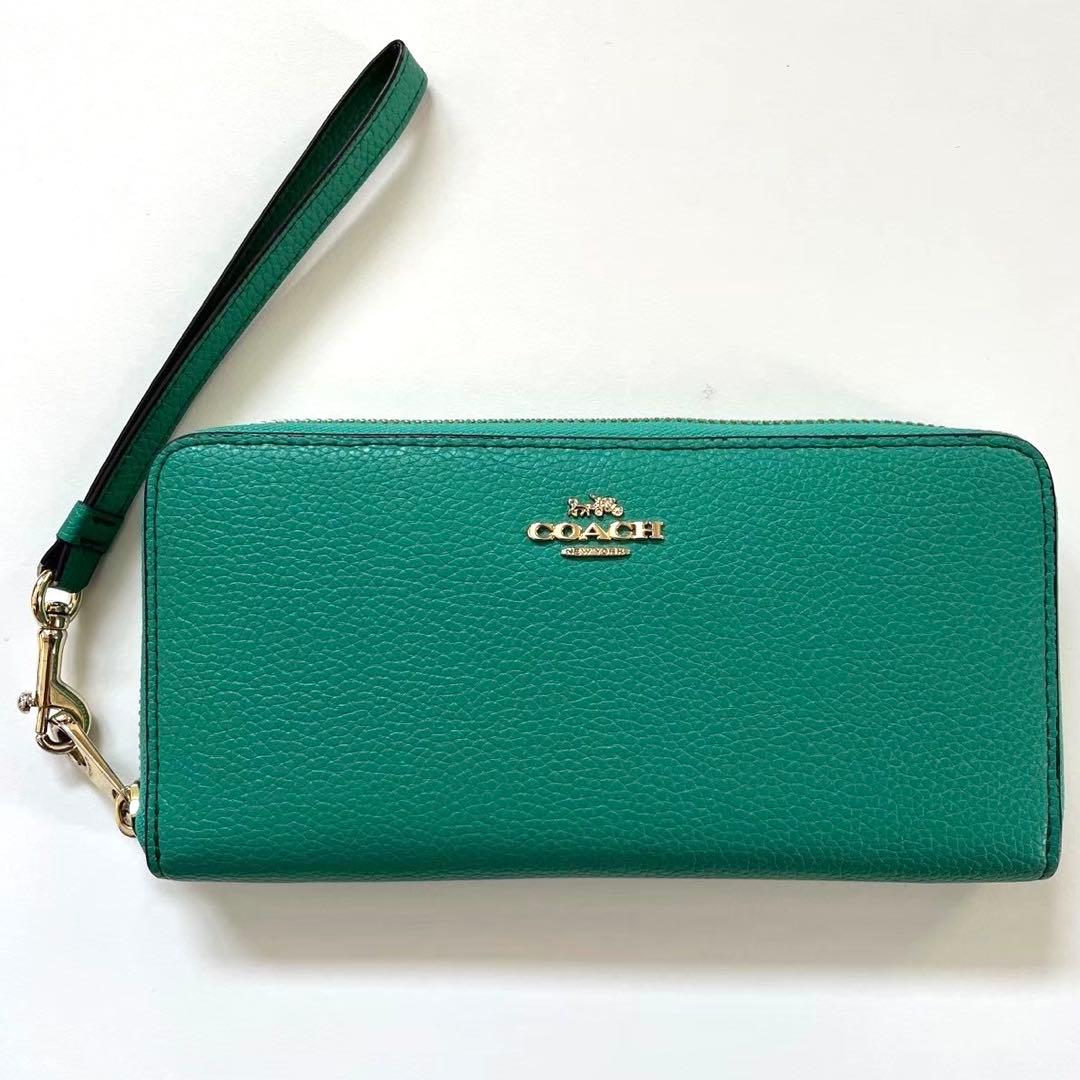 COACH コーチ レザー ラウンド 長財布 ストラップつき グリーン