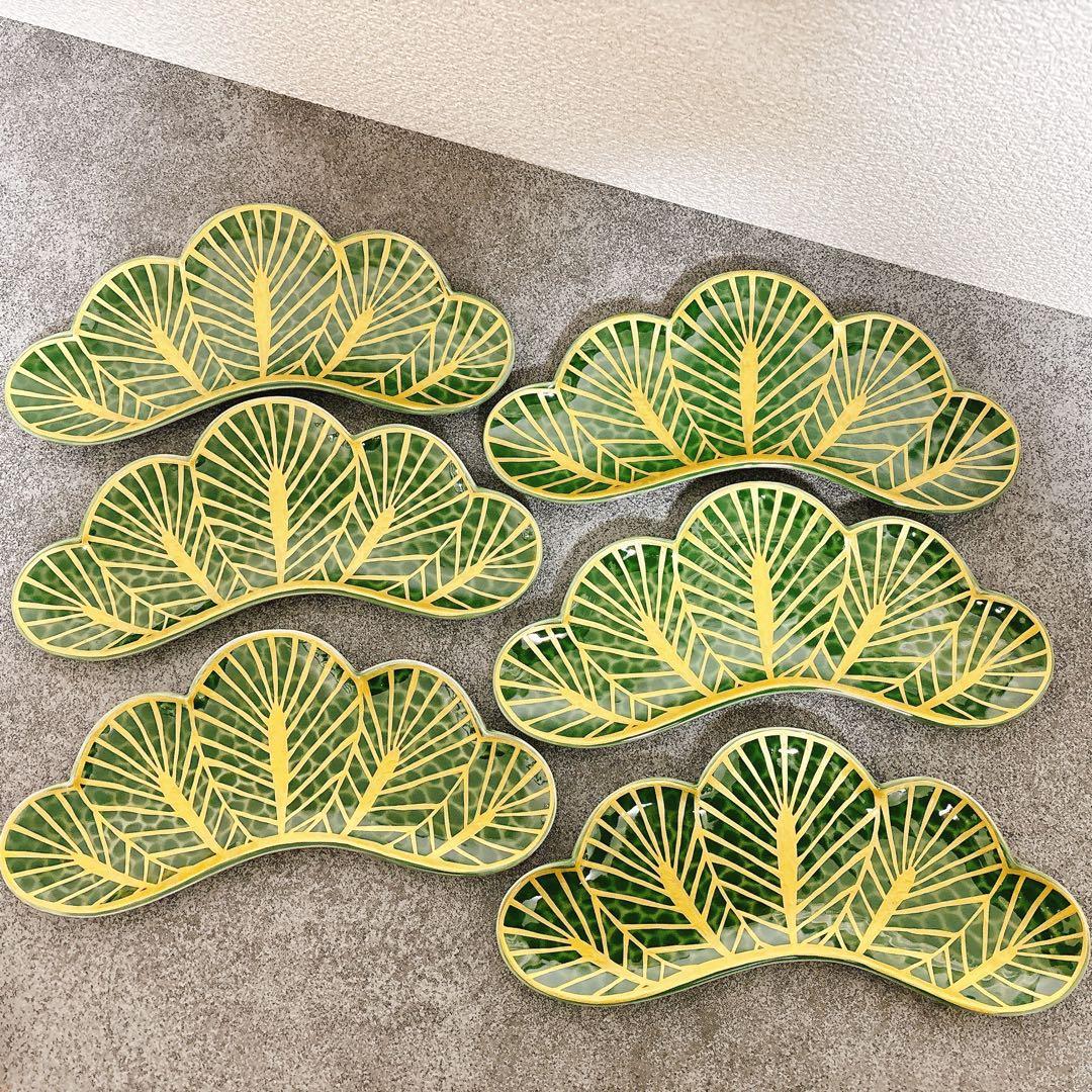 coccoご依頼品　有田焼　幸楽窯　錦金松葉形前菜皿　茶緑金　6点セット