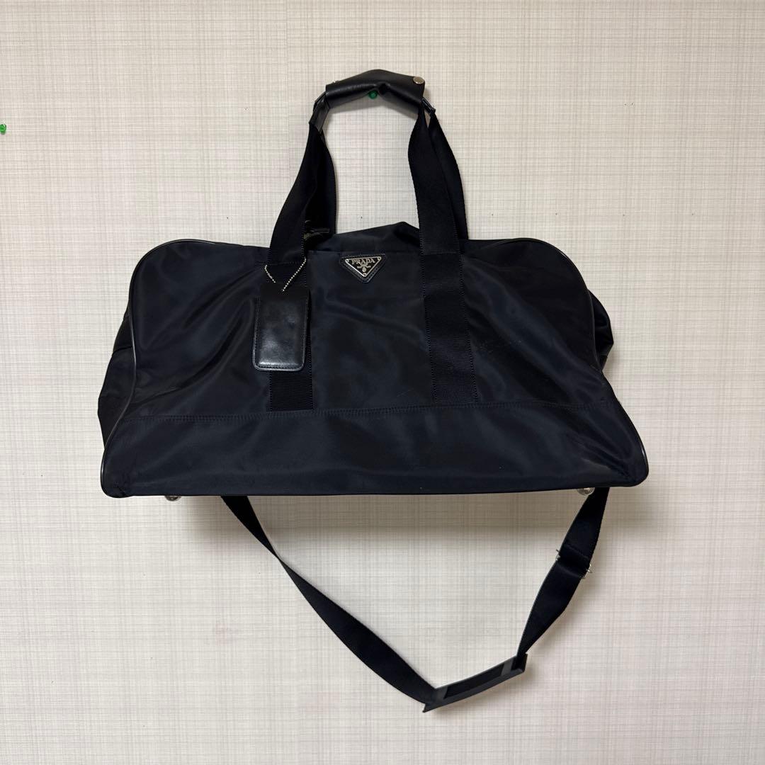 【美品】PRADA　ボストンバック　南京錠　ナイロン　黒　三角プレート　大容量