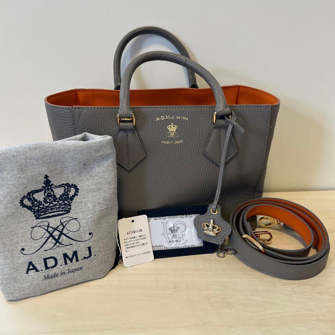 ADMJ ハンドバッグ　ショルダーバッグ　レザー　グレー　エンブレム