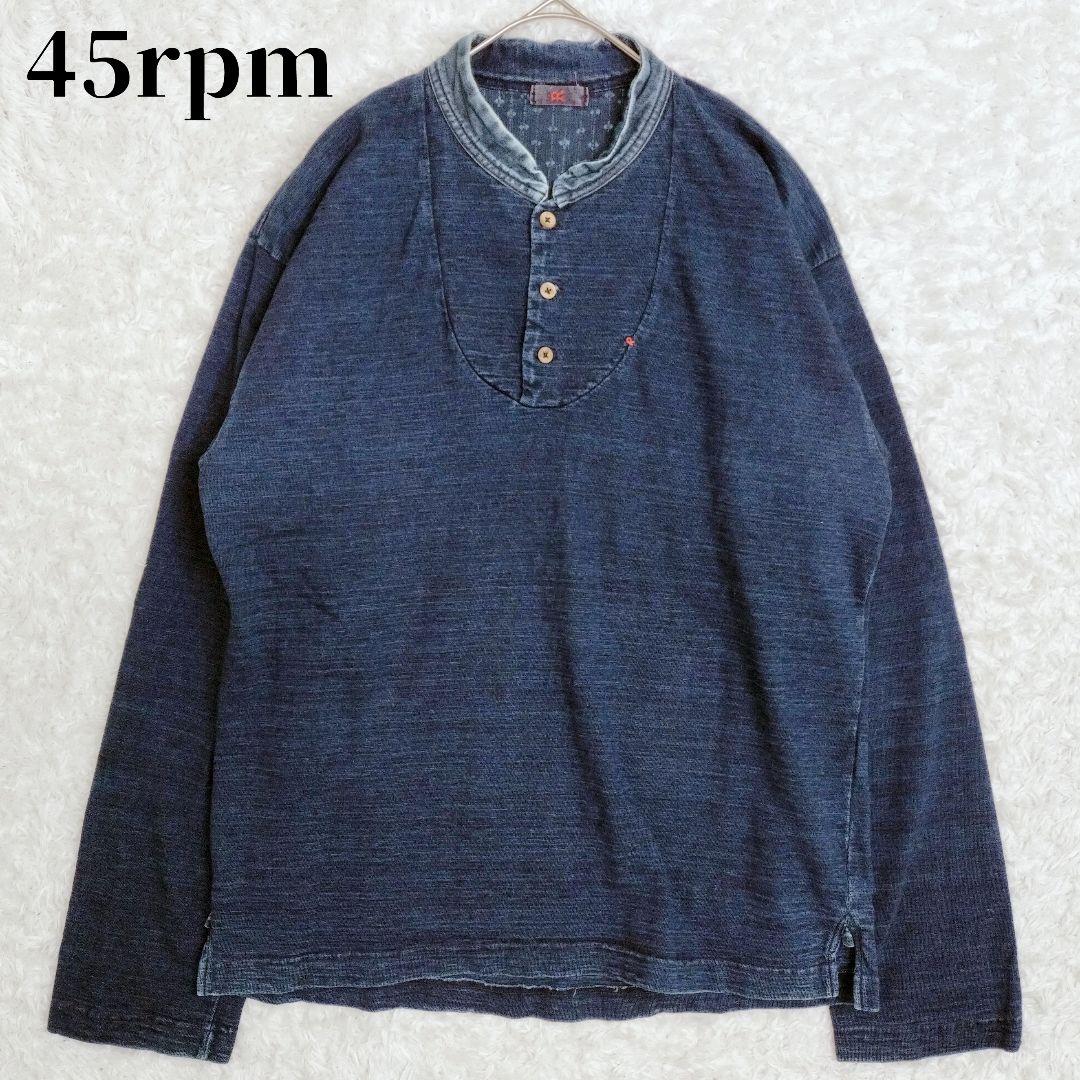 45rpm ロゴ刺繍 インディゴ 藍染め トップス　ヘンリーネック 長袖　L