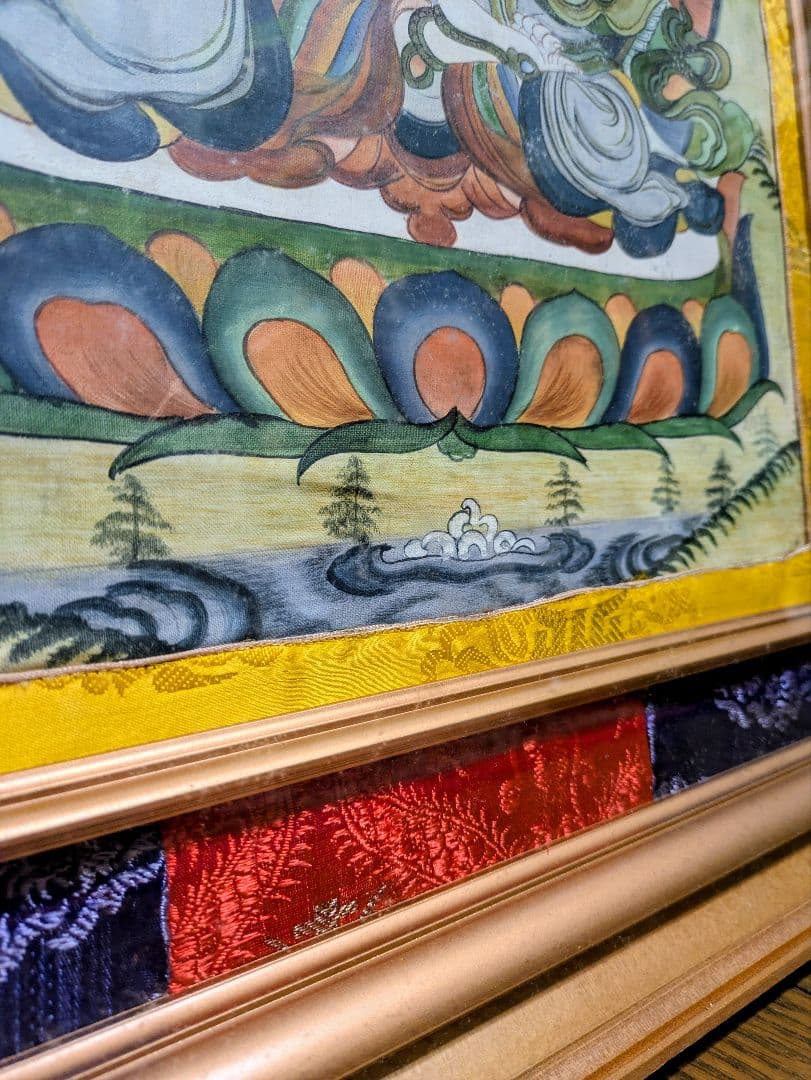 おうまい！四臂観音菩薩 タンカ 手描き シルク仕立 額装 チベット　曼荼羅