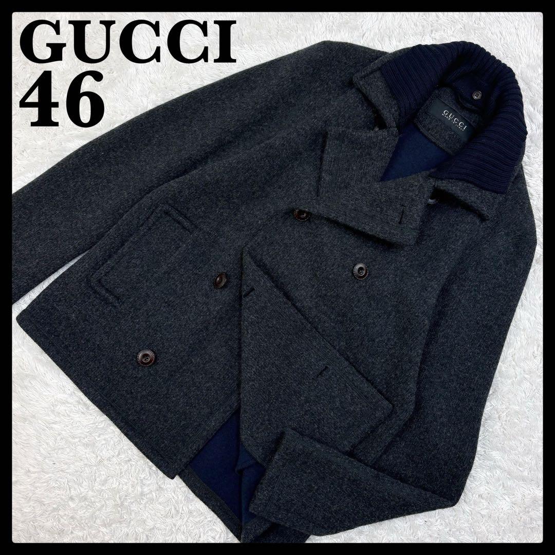 347【美品・超希少】グッチ☆革ボタン付け襟Pコート ニット襟 アーカイブ