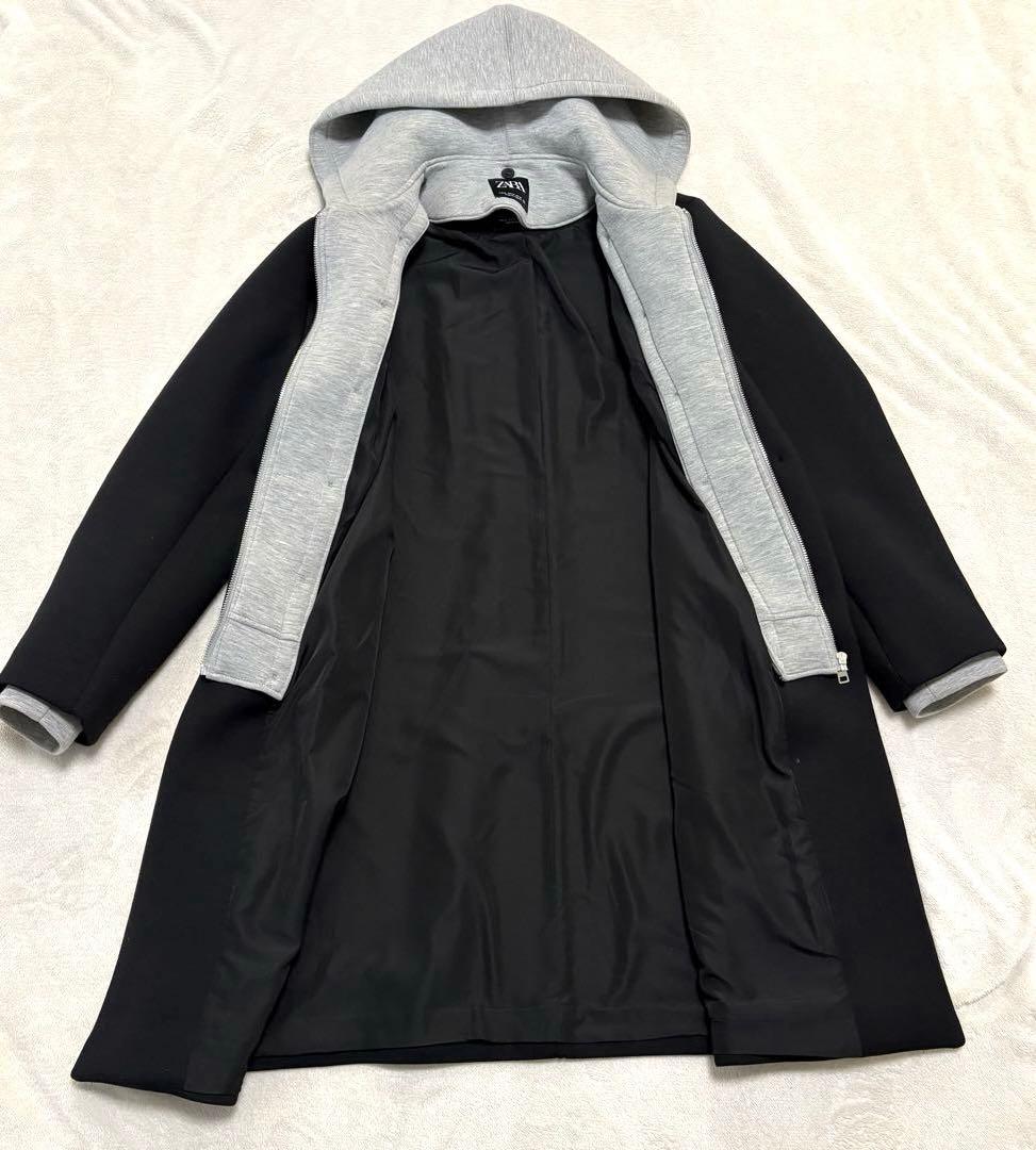 【美品】ZARA デタッチャブルフードコート ロング チェスター 黒ブラックXL