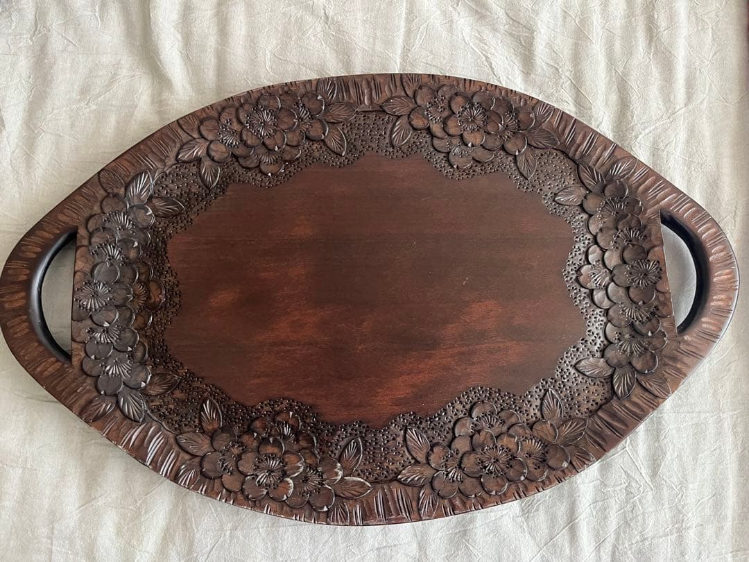 軽井沢彫り　手付楕円　桜縁彫　トレー　大坂屋家具店