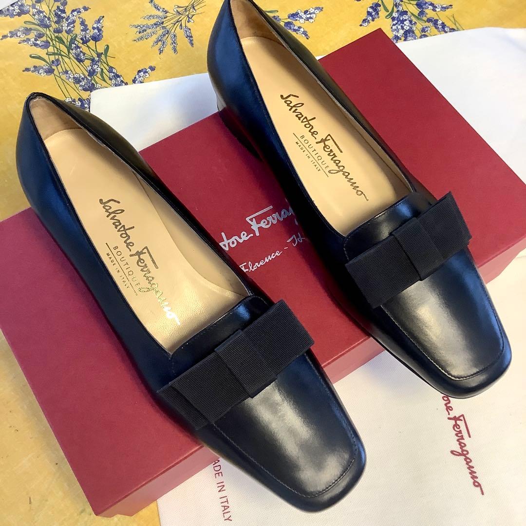 新品! フェラガモ リボンバレリーナ ブラック 極上カーフ 23.5㎝