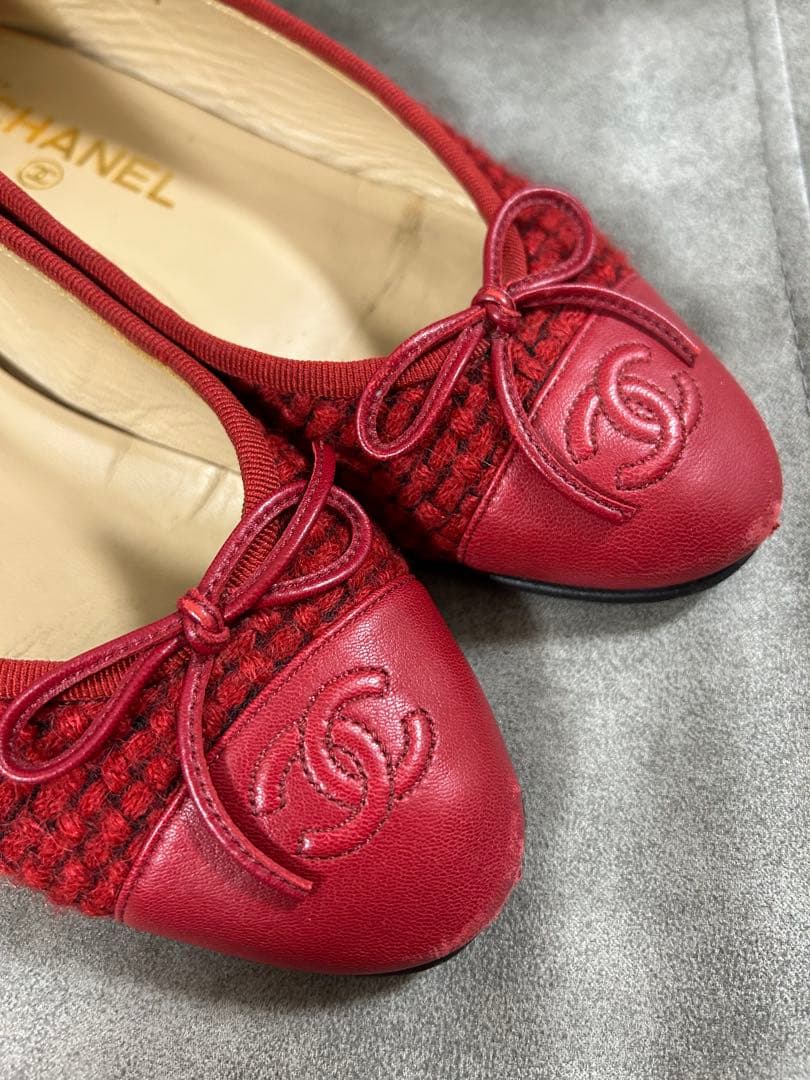 正規品　レア　シャネル　ココマーク ツイード レッド　バレエシューズ