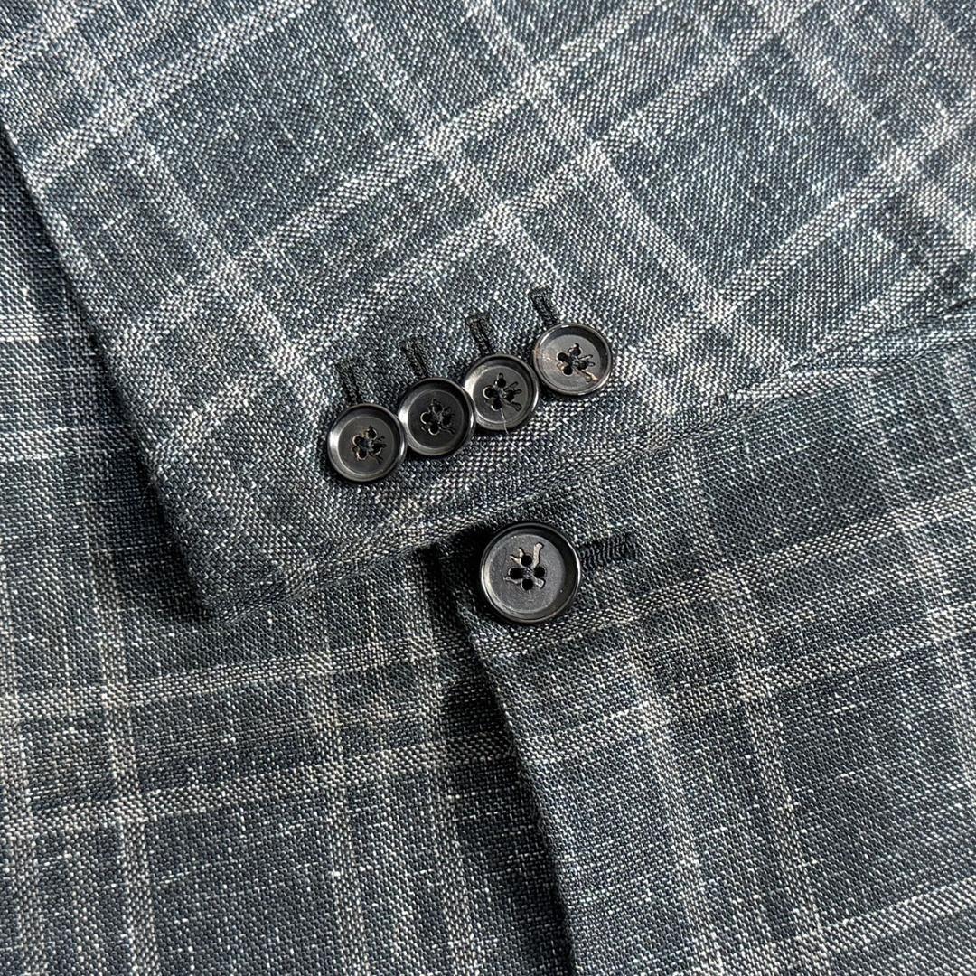 J7437 美品 イザイア CAPRIチェック柄リネンジャケット 濃灰 46