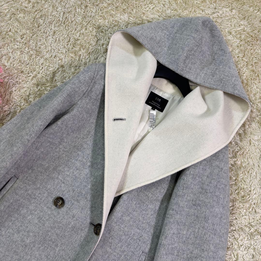 美品　23区　アンゴラ　ウール　フーディッド　リバーコート　38 グレー