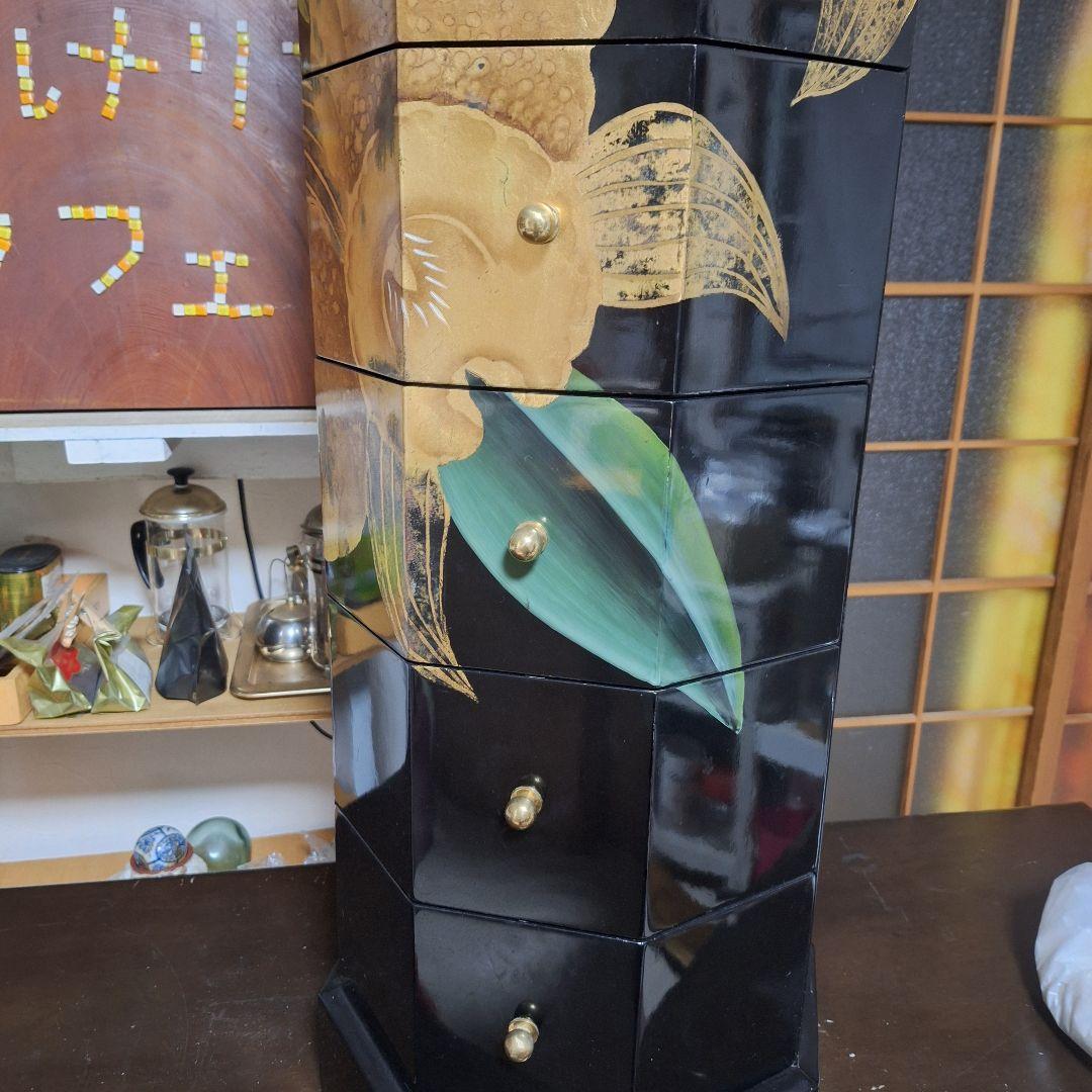 中国家具 黒漆 八角型 8杯 引き出し 抽斗 箪笥 チェスト 花台 高卓 飾り台