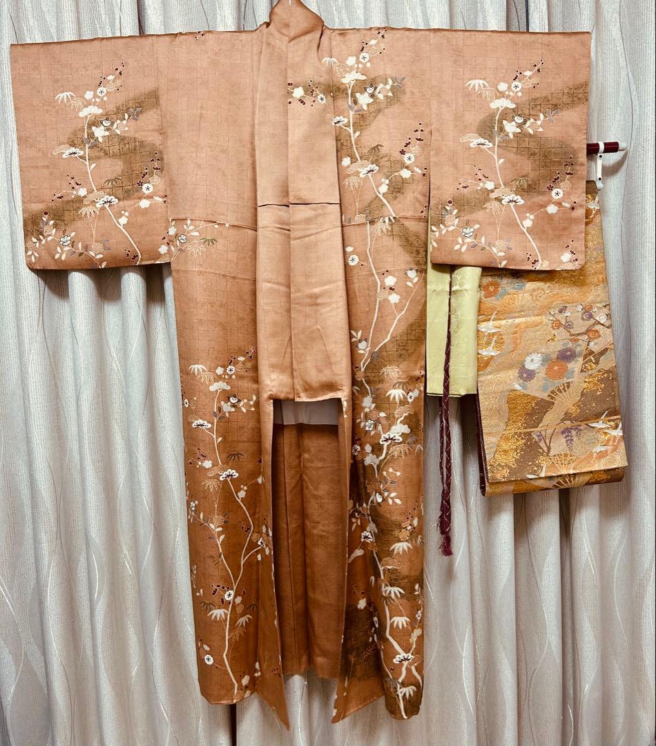 美品　訪問着のみ　ブラウン　希少S S サイズ　金刺繍　松竹梅　椿　パール加工済