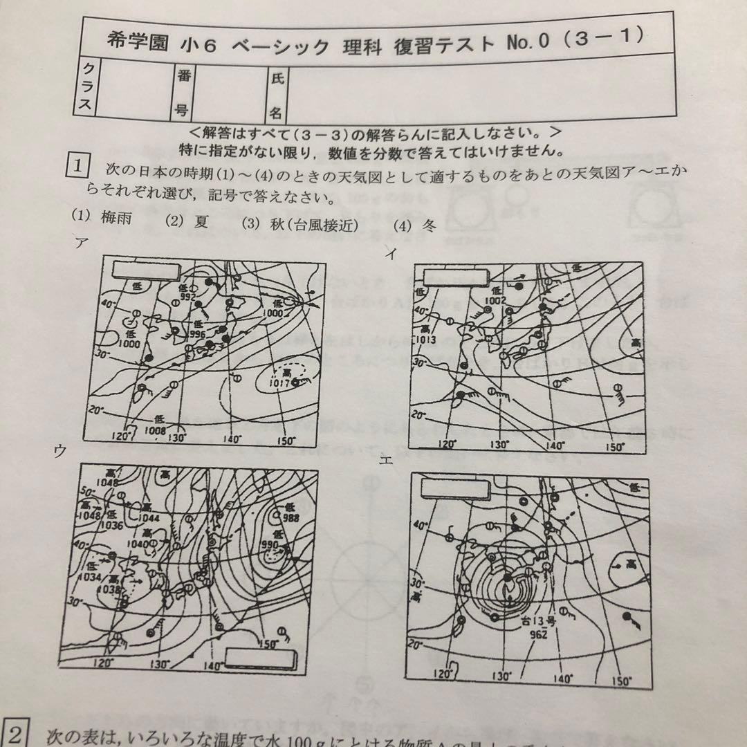 希学園小6ベーシック復習テスト　理科　1年分