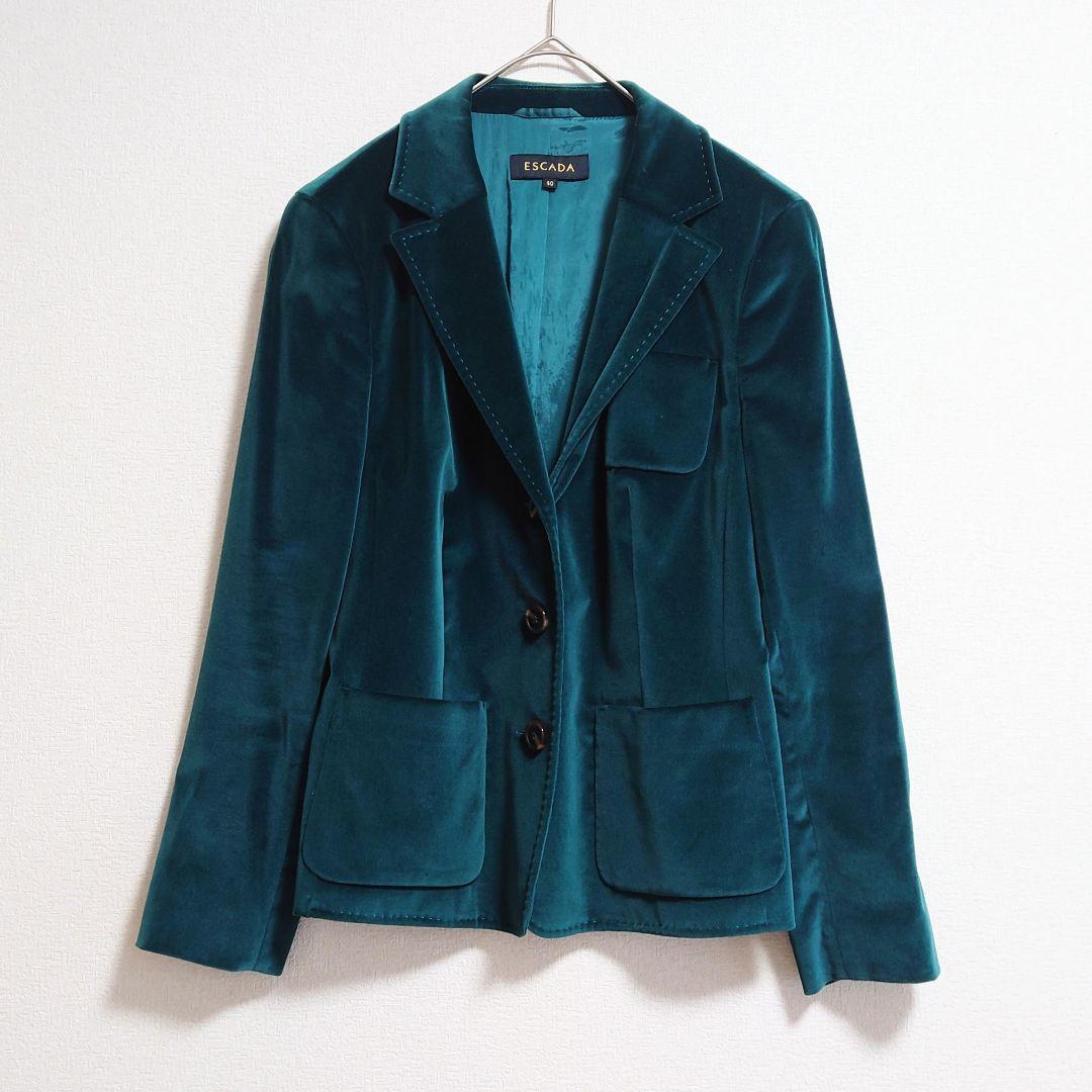 ★c エスカーダ テーラードジャケット ベロア 光沢 高級感 ESCADA 緑