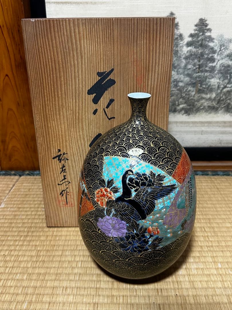 有田焼　手描き鶴模様陶器花瓶　弥左士門