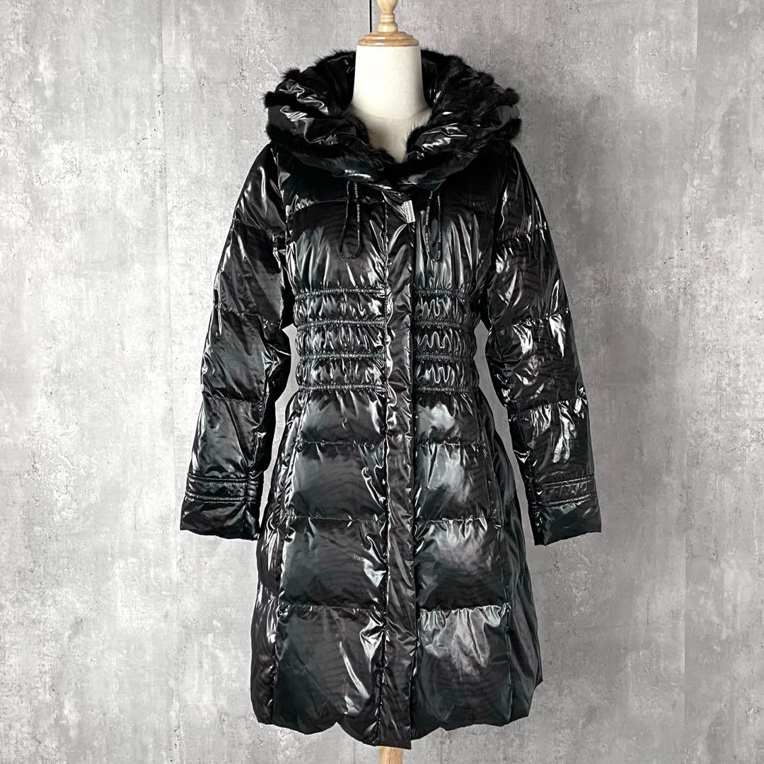 【美品】バルマン ダウンコート ミンクファー Aライン 黒 パープル トラ柄 M