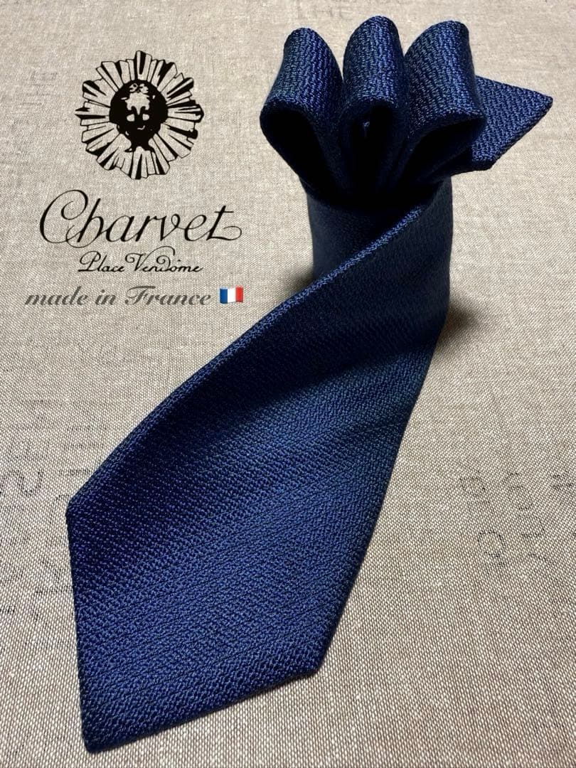 Charvet／シャルべ／シルクジャガードタイ／ソリッド／ネイビー／フランス製