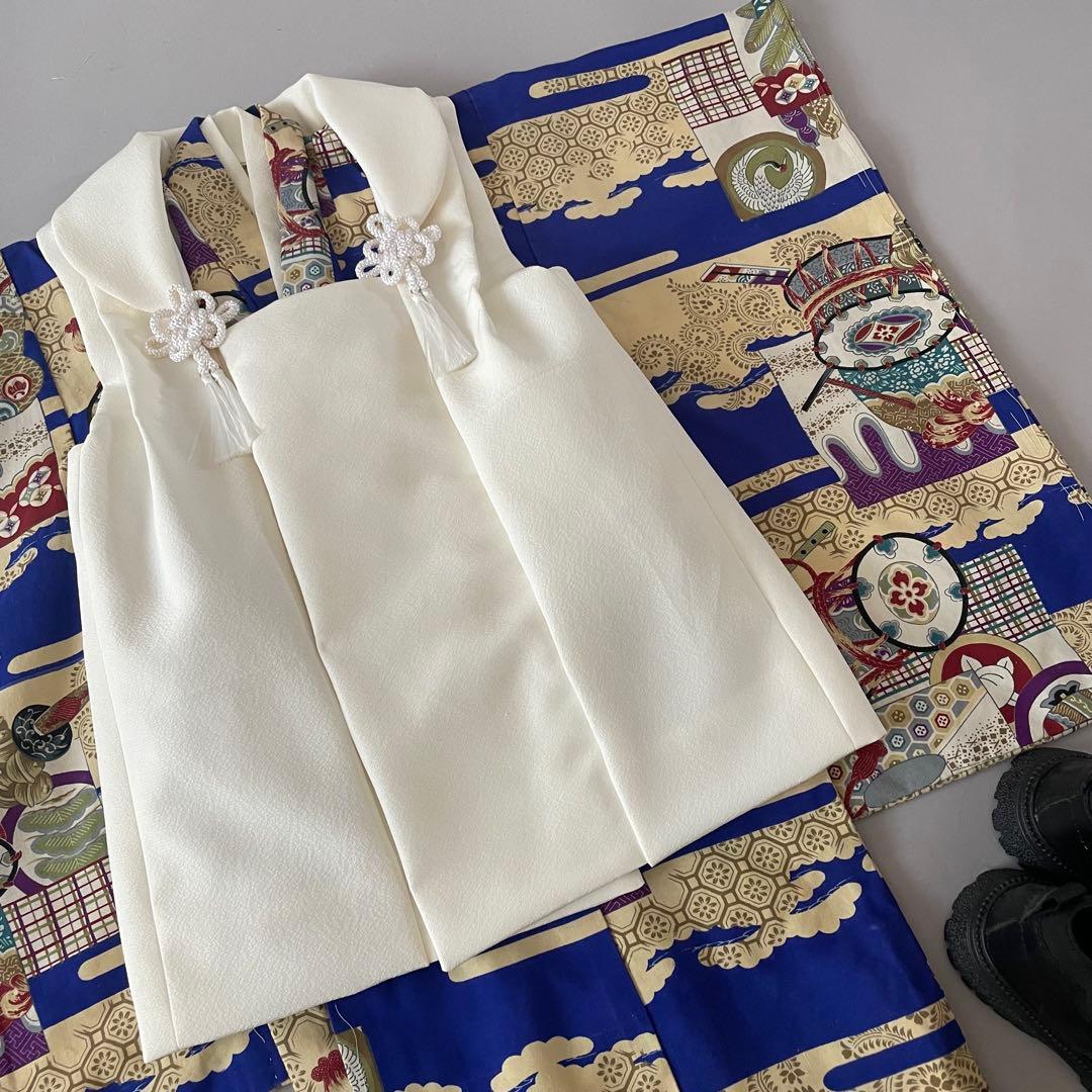 七五三　3歳　男の子　アンティークお着物　正絹白色無地被布コーデ