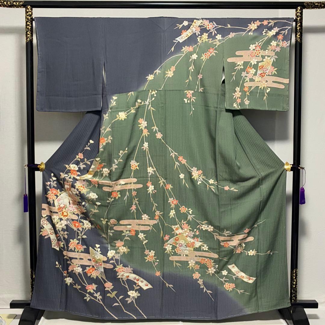 D233 訪問着　枝垂れ桜　金彩　正絹　着物　袷　しつけ糸付き未使用極美品