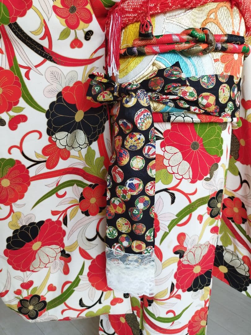 ☆大正浪漫アンティーク☆レトロポップな着物と黄緑作り帯☆七五三ハーフ成人式