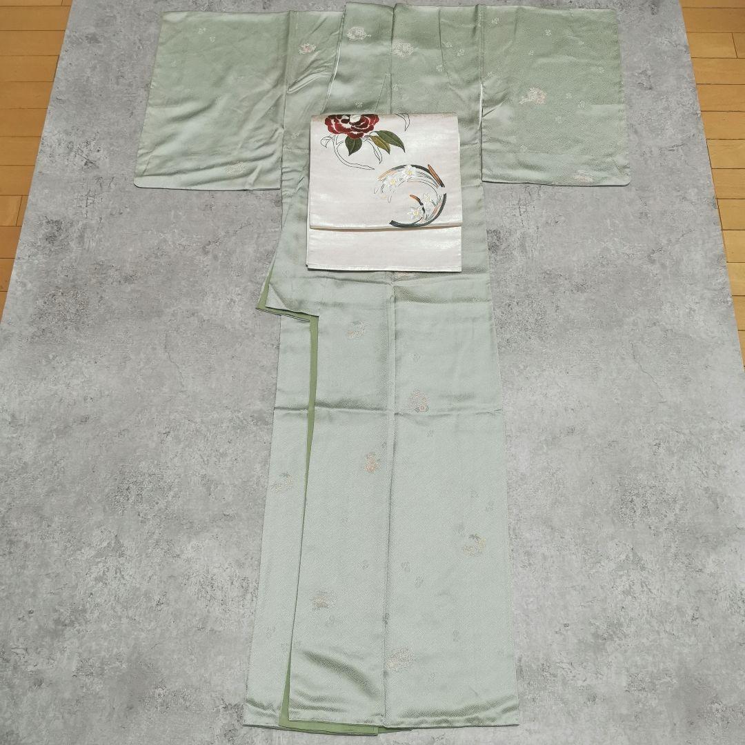 【相良刺繍】淡グリーンに相良刺繍 お役立ち付け下げ 紋意匠 地紋