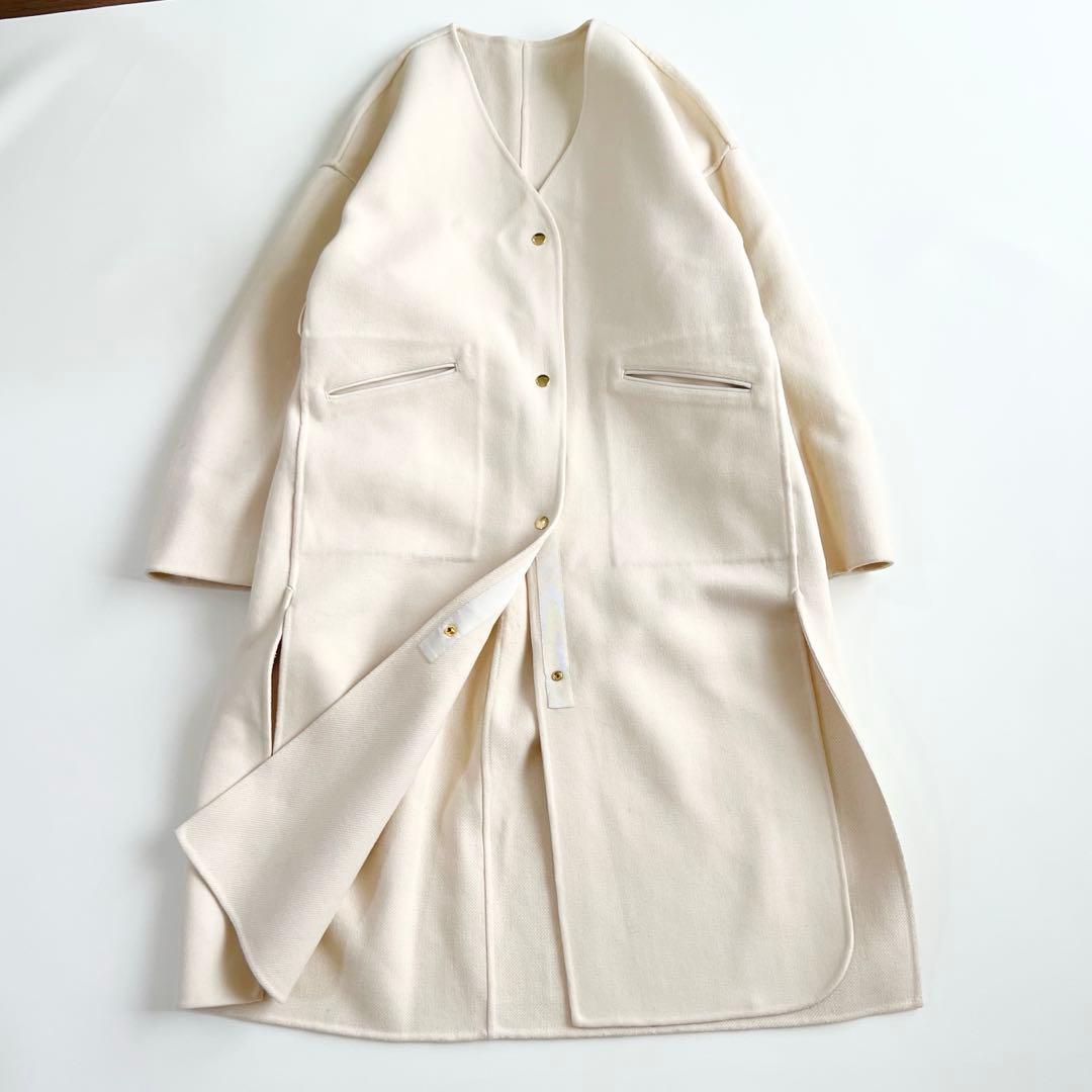 Drawer ウールシルク リバーシブル ノーカラー ロングコート 白 38