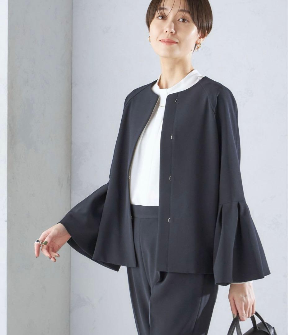 【美品】SHIPS ダブルクロス ノーカラー ジャケット フレアスリーブ