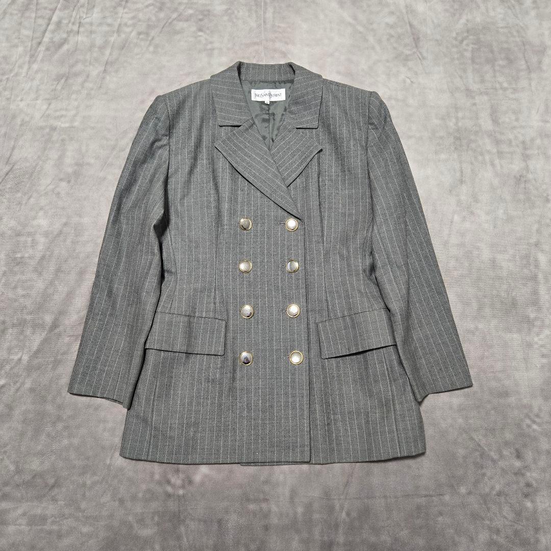 イヴサンローラン ダブル テーラードジャケット グレー ストライプ M