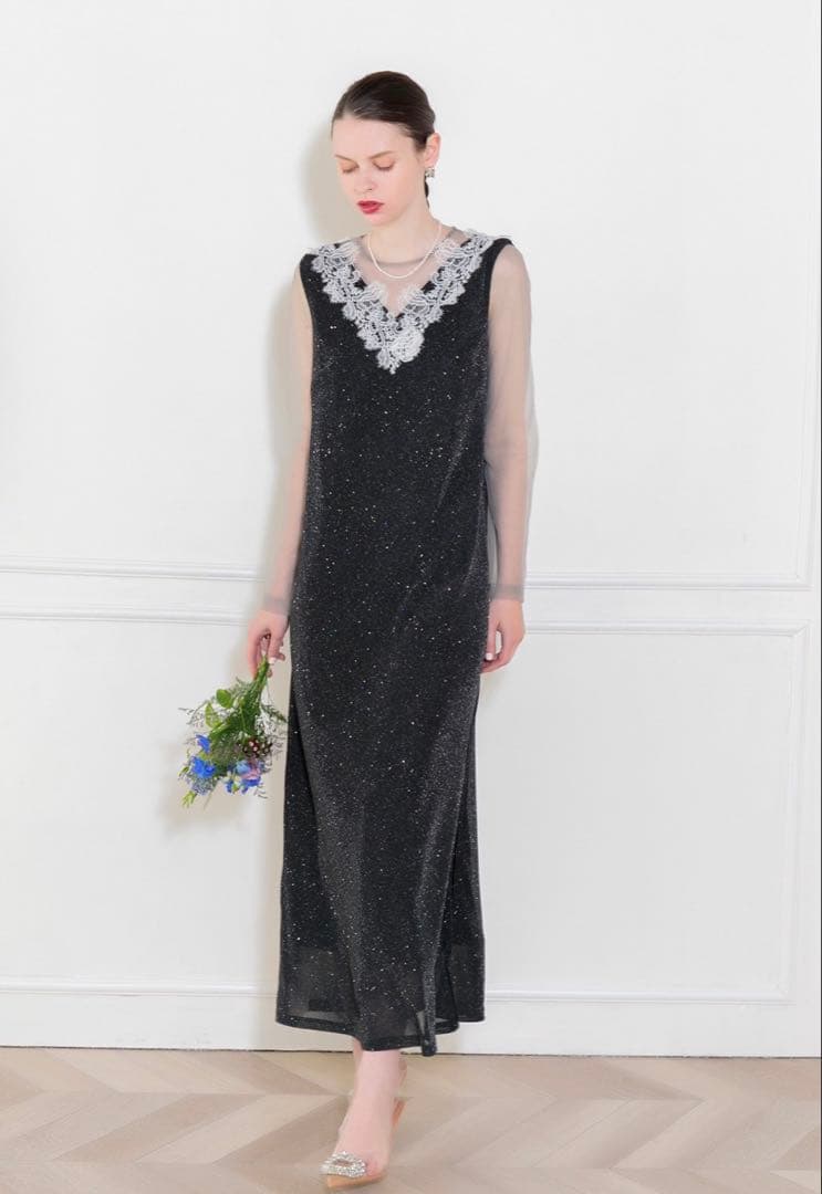 み*き様 【LEJA】レースネック透け袖スリットキラキラロングドレスワンピース